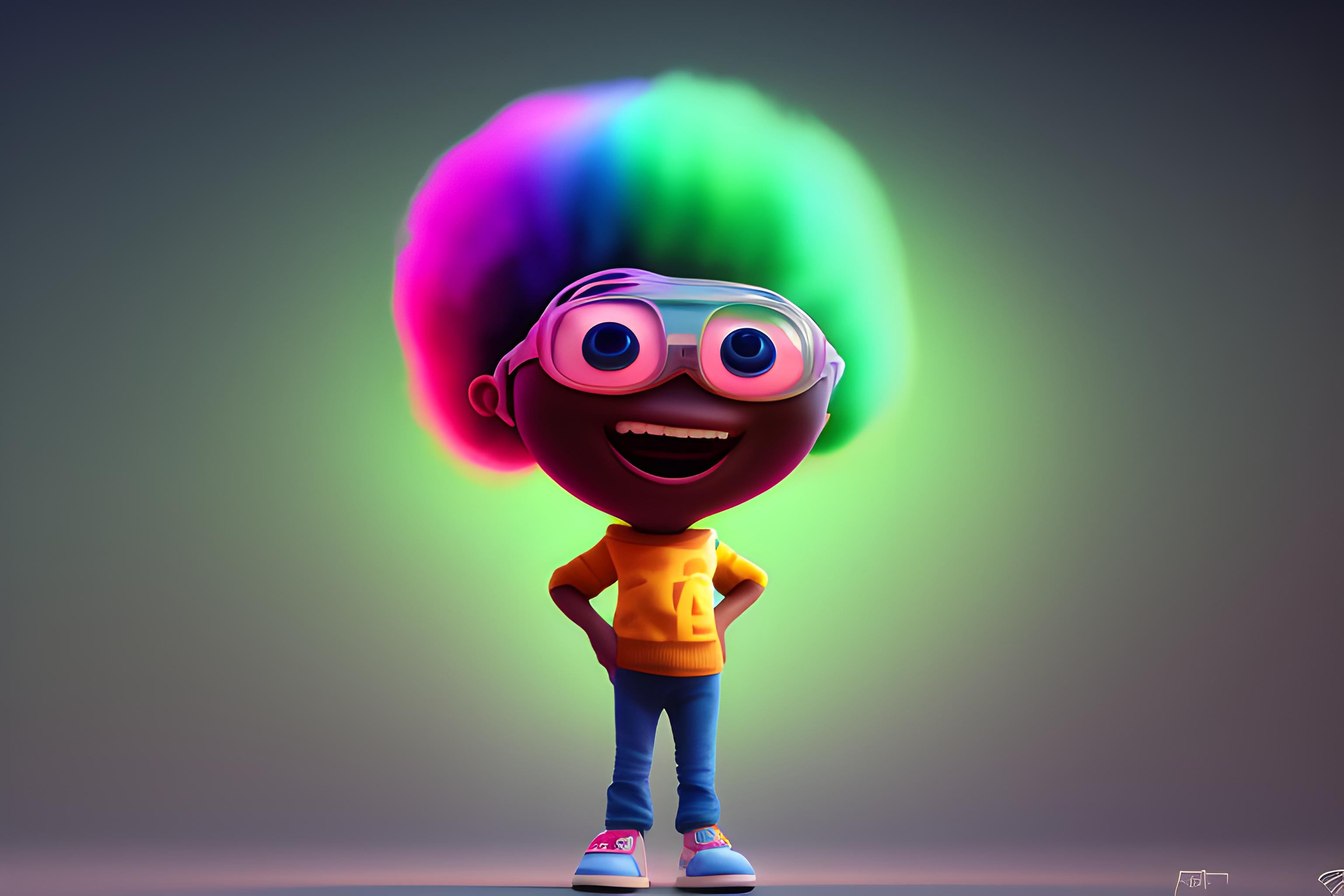 A 3D Pixar-style render of a cute happy kid character, big head cartoon style, oversized streetwear hoodie, big curly afro hairstyle, colorful background, cheerful smile, 8k, front view --ar 1:1